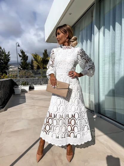Ivory Lace High-Neck Puff Sleeve Summer Dress