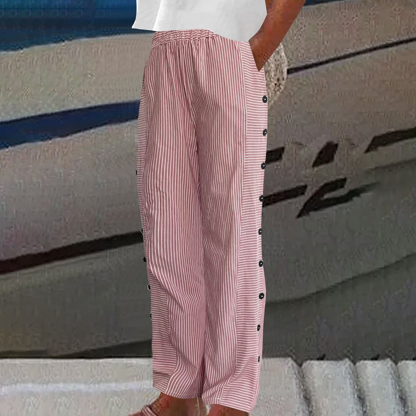 Sera Striped Button-Accent Trousers