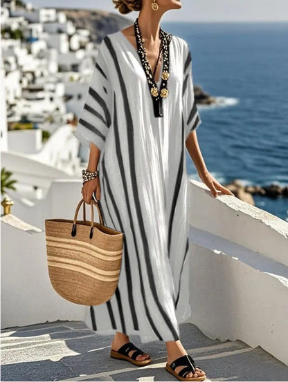 Aegean Striped Linen-Look Kaftan Maxi Dress