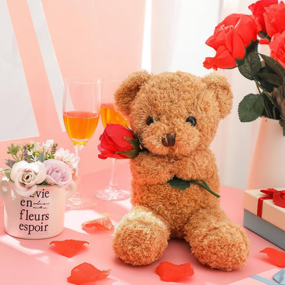 Valentine Rose Holding Teddy Bear | Soft Plush Bear Gift For Anniversaries and Valentines Day