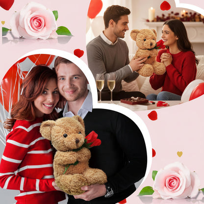 Valentine Rose Holding Teddy Bear | Soft Plush Bear Gift For Anniversaries and Valentines Day