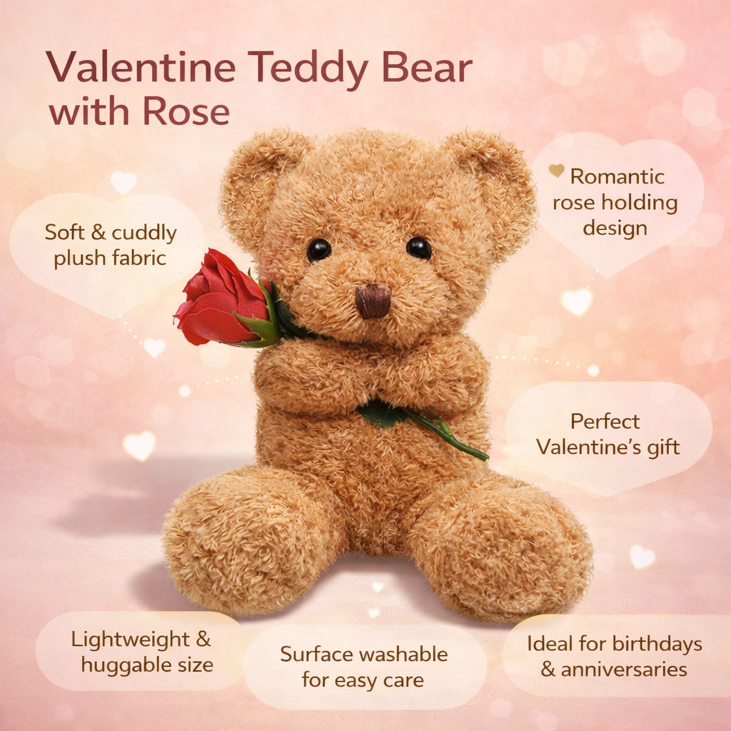 Valentine Rose Holding Teddy Bear | Soft Plush Bear Gift For Anniversaries and Valentines Day
