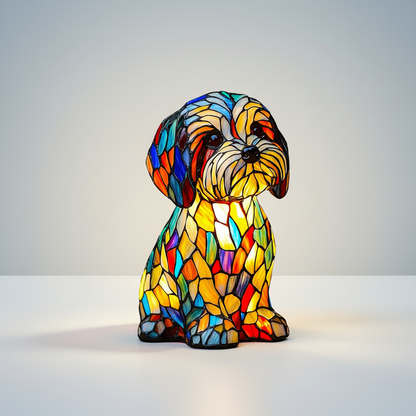 Stained Glass Dog LED Table Lamp | Sculpted Resin Night Light For Bedsides, Halls and Shelves