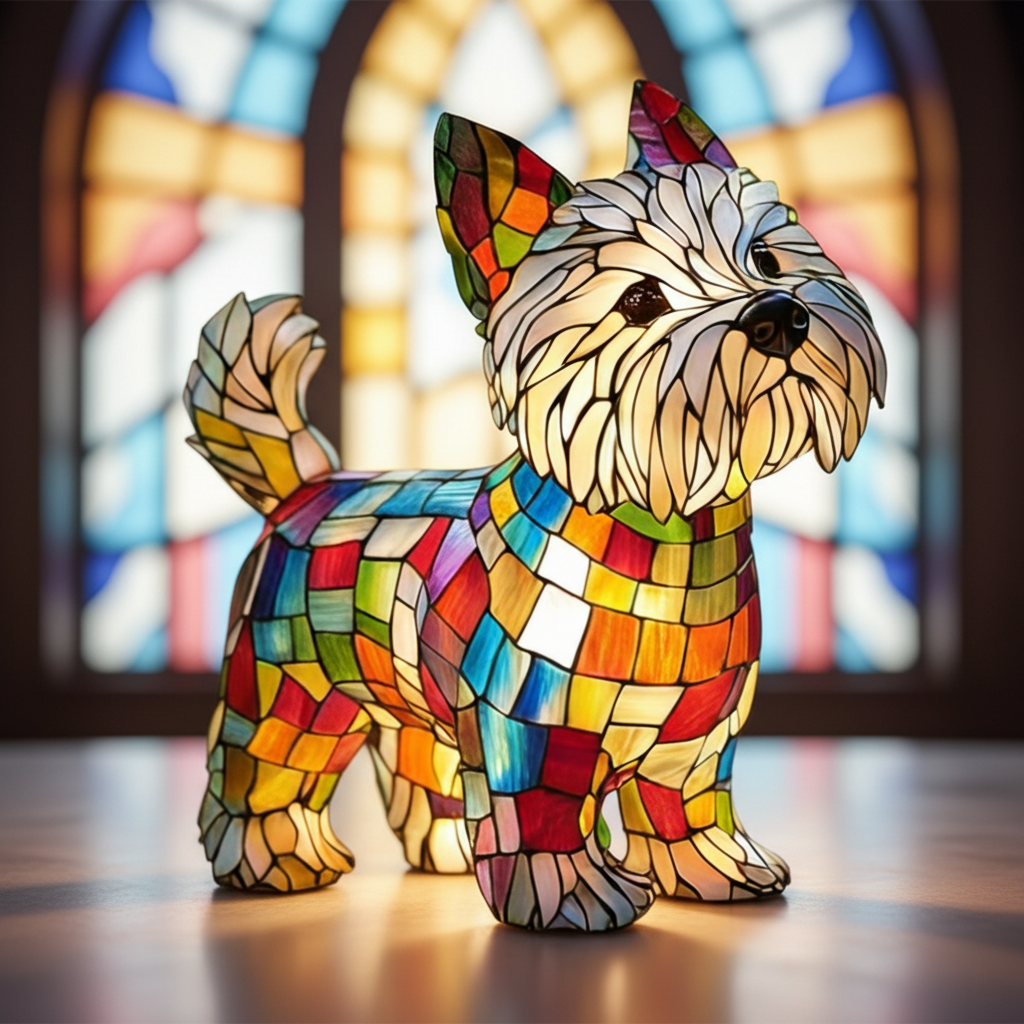 Stained Glass Dog LED Table Lamp | Sculpted Resin Night Light For Bedsides, Halls and Shelves