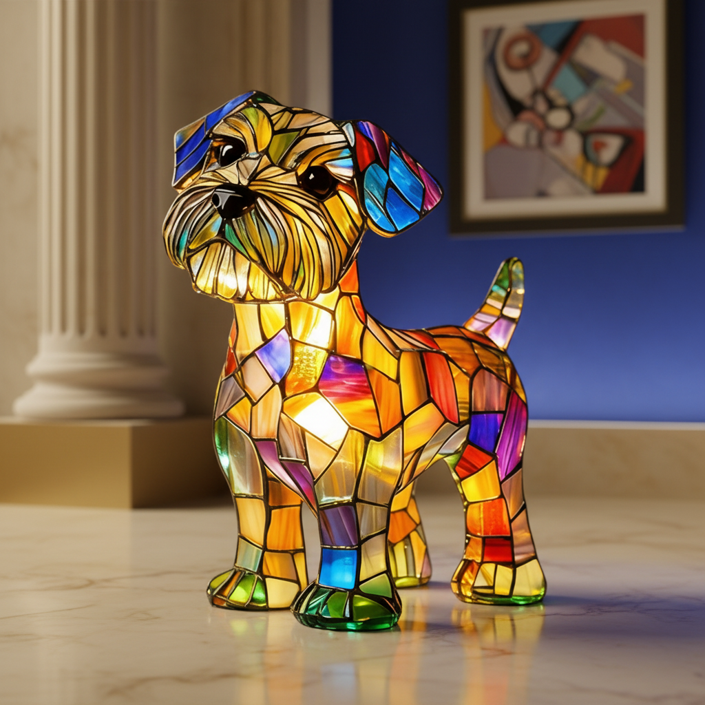 Stained Glass Dog LED Table Lamp | Sculpted Resin Night Light For Bedsides, Halls and Shelves