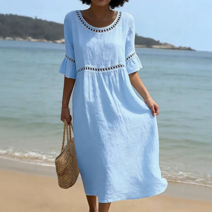 Solvei Linen Midi Dress with Flared Sleeves