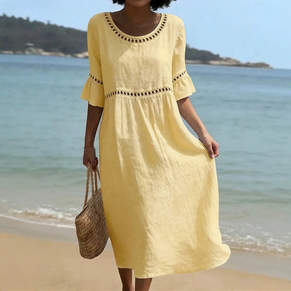 Solvei Linen Midi Dress with Flared Sleeves