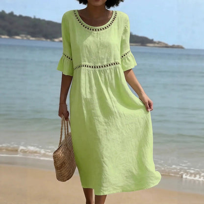 Solvei Linen Midi Dress with Flared Sleeves