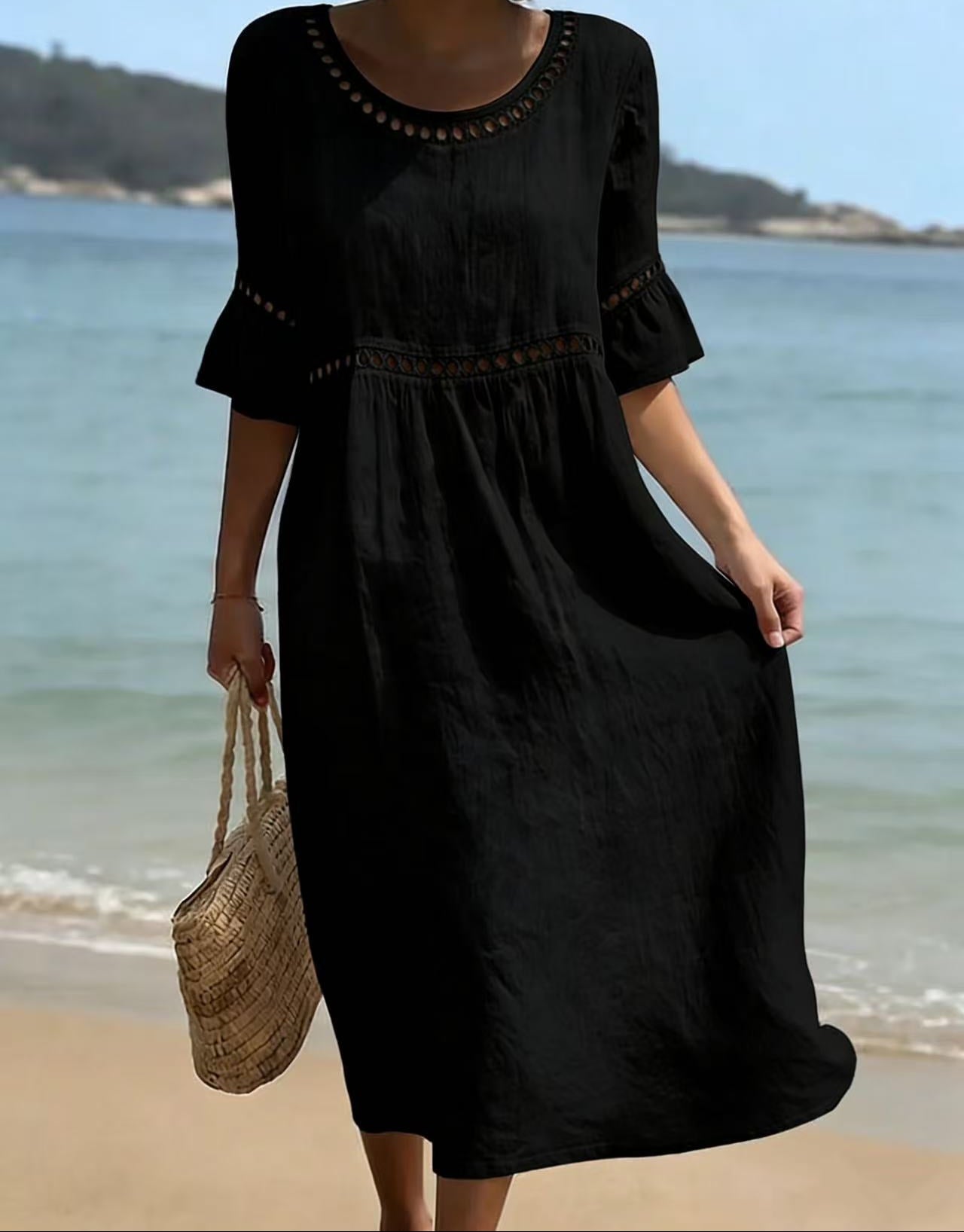 Solvei Linen Midi Dress with Flared Sleeves