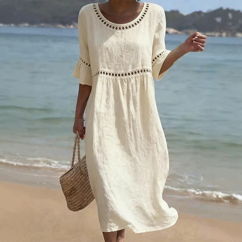 Solvei Linen Midi Dress with Flared Sleeves