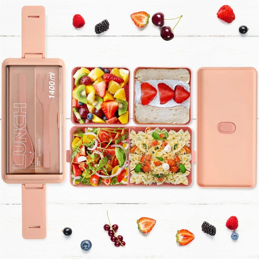 1400ml Double Layer Bento Box | Two Tier Lunch Box With A Fork and Spoon, Microwave Safe Design