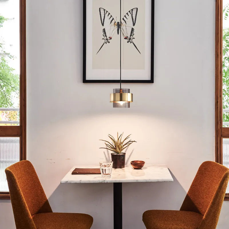 Nordic Glass Pendant Light | Modern Brass Cylinder Design In Amber or Smoke Grey Tinted Glass