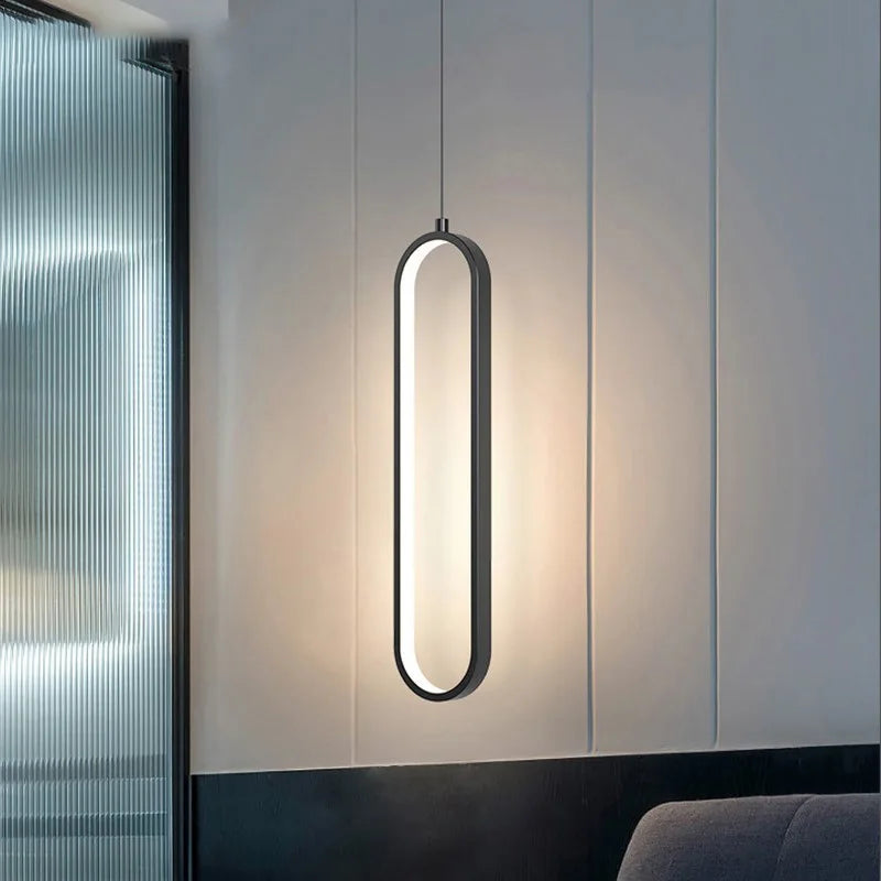 Modern Minimalist LED Pendant Light | Slim Oval Hanging Lamp In A Gold or Black Iron Finish