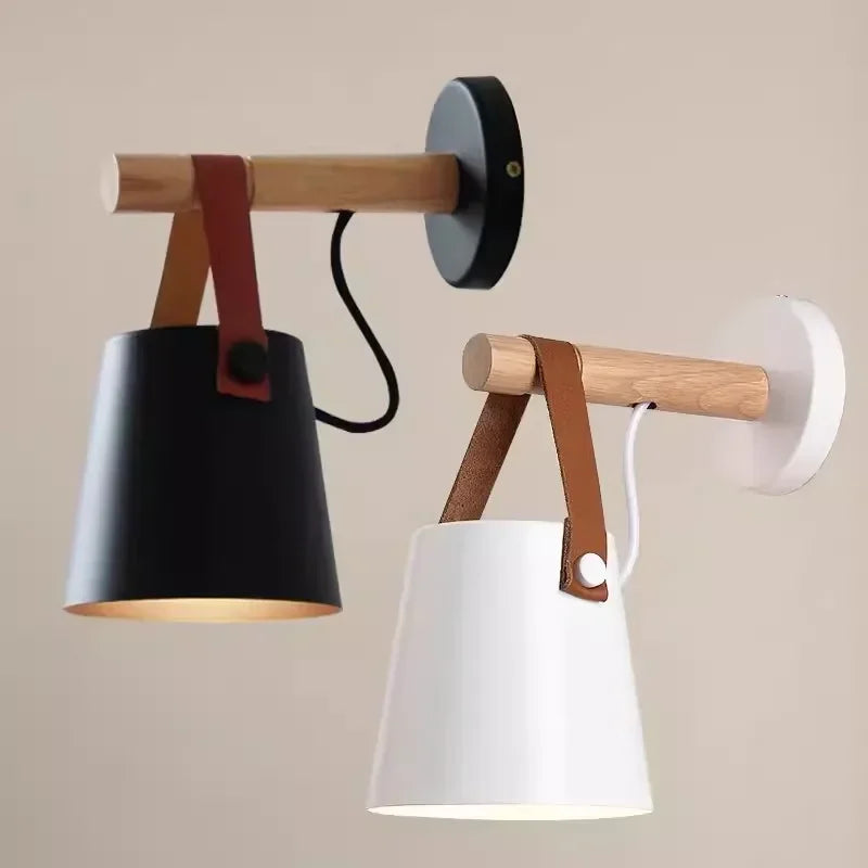 Nordic Wood and Leather Wall Lamp | Hanging Shade Bedside Light In A Black or White Finish