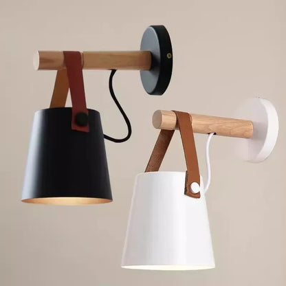 Nordic Wood and Leather Wall Lamp | Hanging Shade Bedside Light In A Black or White Finish