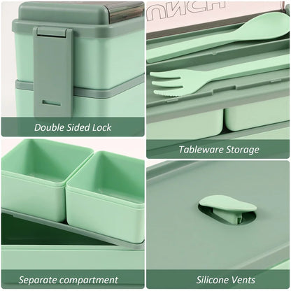 1400ml Double Layer Bento Box | Two Tier Lunch Box With A Fork and Spoon, Microwave Safe Design