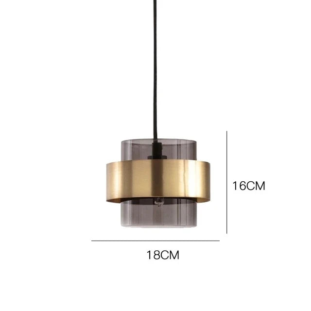 Nordic Glass Pendant Light | Modern Brass Cylinder Design In Amber or Smoke Grey Tinted Glass