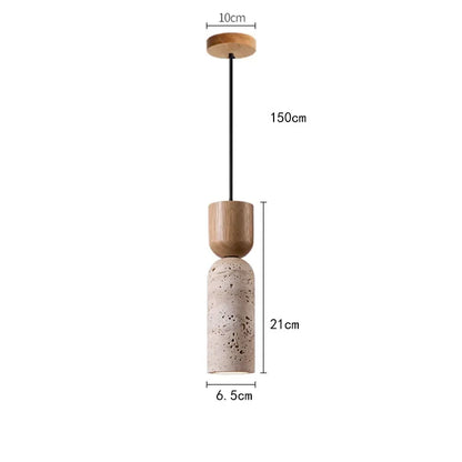 Wabi Sabi Travertine and Wood Pendant Light | Japanese Minimalist Stone Bedside Hanging Lamp