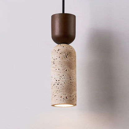 Wabi Sabi Travertine and Wood Pendant Light | Japanese Minimalist Stone Bedside Hanging Lamp