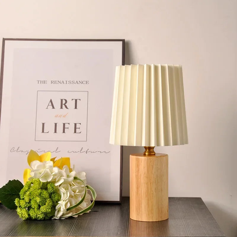 Medieval Pleated Table Lamp | Nordic Wood Base Design In A Natural Wood or Walnut Timber Finish