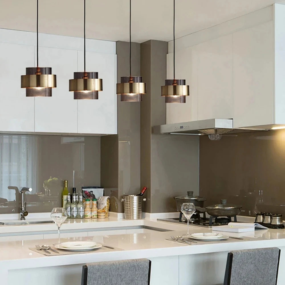 Nordic Glass Pendant Light | Modern Brass Cylinder Design In Amber or Smoke Grey Tinted Glass