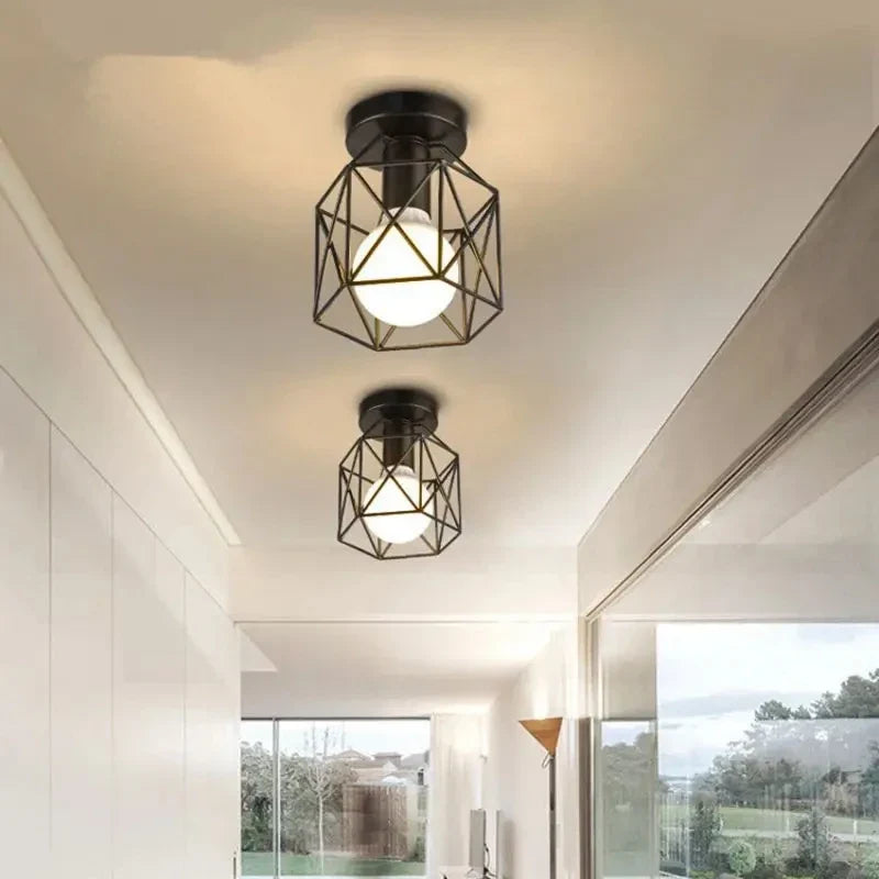 Modern Geometric Ceiling Light | Metal Cage Design Flush Mount In A Gold or Black Metal Finish