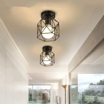 Modern Geometric Ceiling Light | Metal Cage Design Flush Mount In A Gold or Black Metal Finish