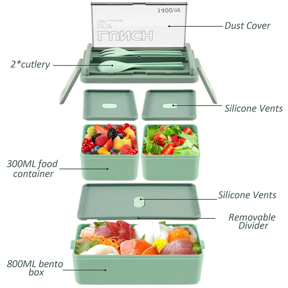 1400ml Double Layer Bento Box | Two Tier Lunch Box With A Fork and Spoon, Microwave Safe Design
