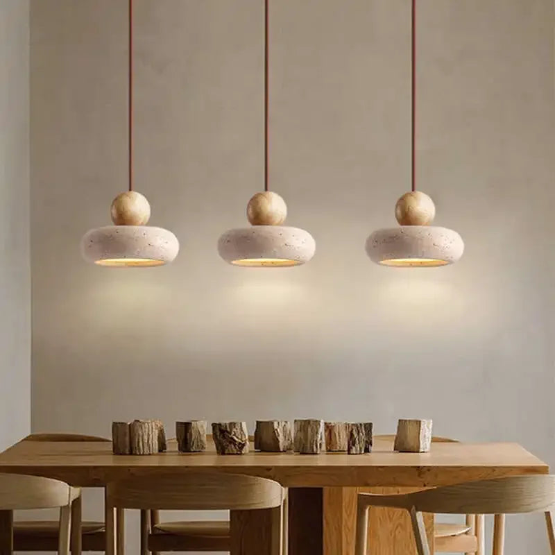 Natural Stone and Wood Pendant Light | Vintage Minimalist Small Hanging Ceiling Pendant Lamp