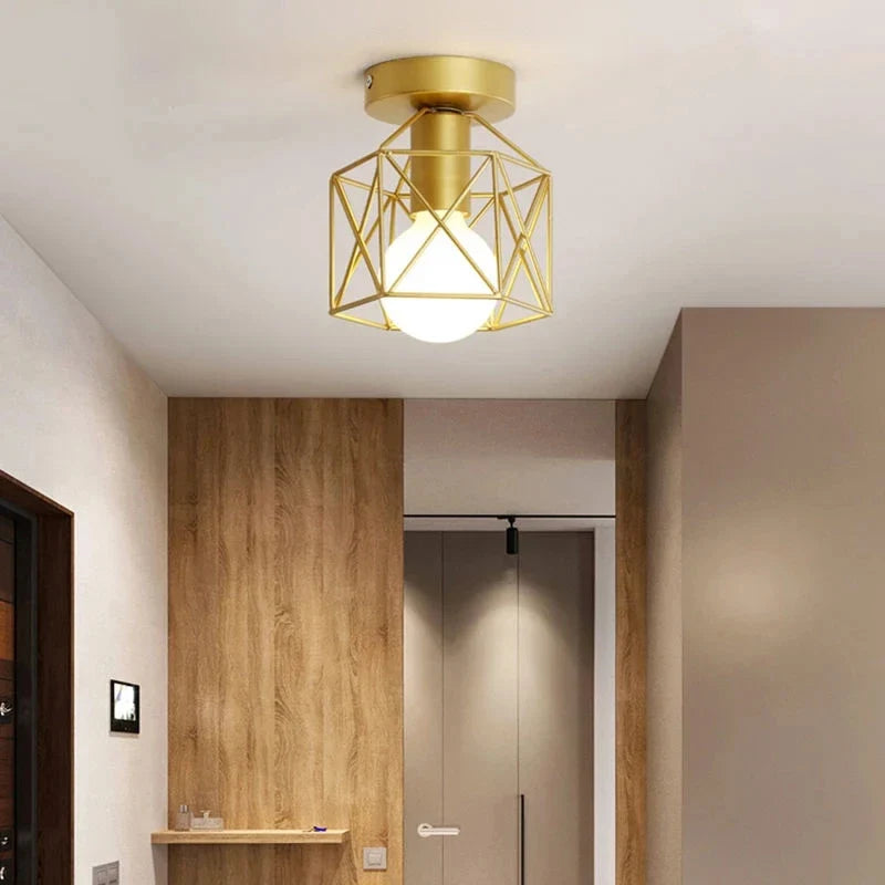 Modern Geometric Ceiling Light | Metal Cage Design Flush Mount In A Gold or Black Metal Finish