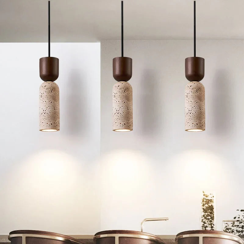 Wabi Sabi Travertine and Wood Pendant Light | Japanese Minimalist Stone Bedside Hanging Lamp