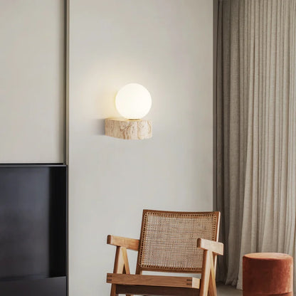 Travertine Stone Wall Lamp | Modern Japanese Style LED Sconce With A Frosted Glass Globe Shade