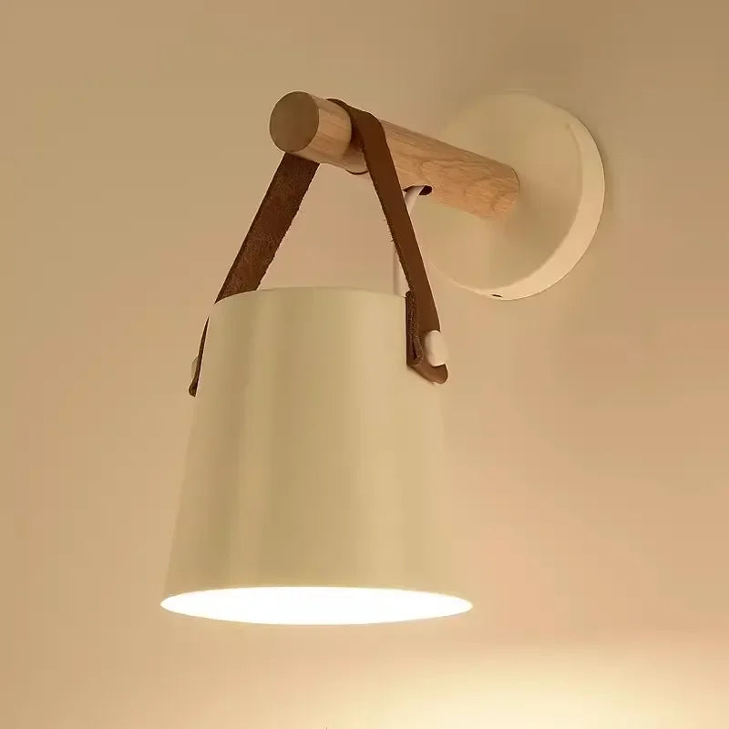 Nordic Wood and Leather Wall Lamp | Hanging Shade Bedside Light In A Black or White Finish