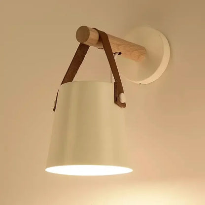 Nordic Wood and Leather Wall Lamp | Hanging Shade Bedside Light In A Black or White Finish