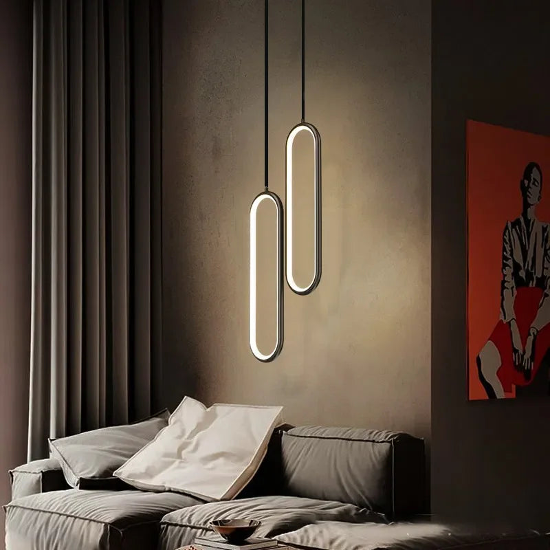 Modern Minimalist LED Pendant Light | Slim Oval Hanging Lamp In A Gold or Black Iron Finish