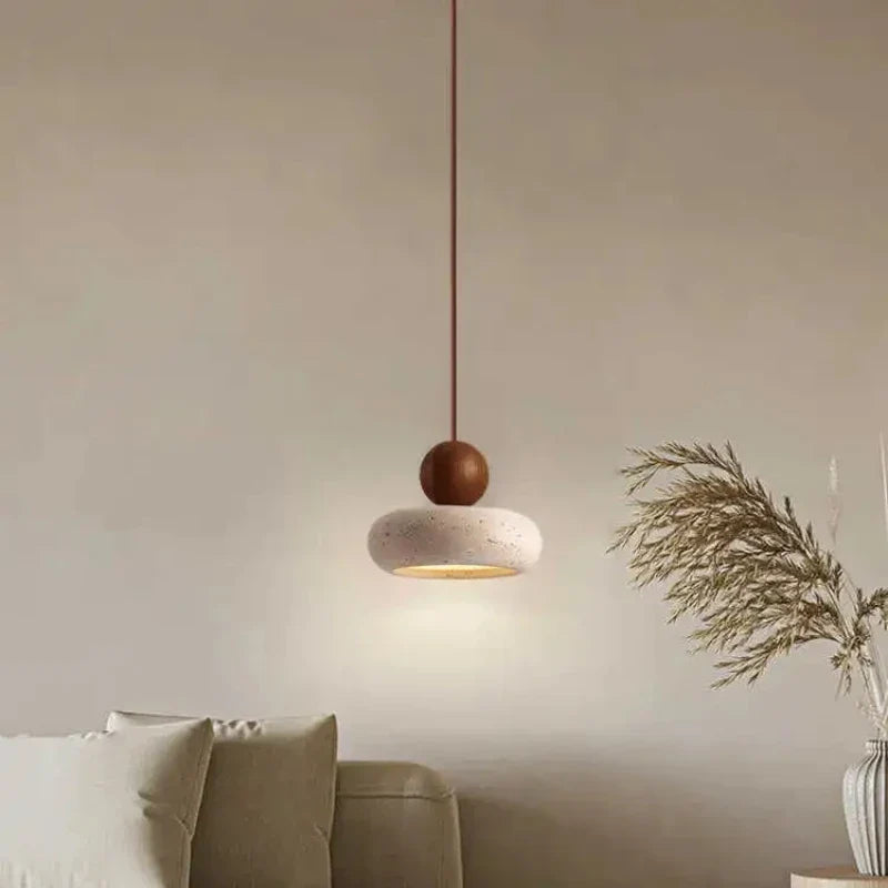 Natural Stone and Wood Pendant Light | Vintage Minimalist Small Hanging Ceiling Pendant Lamp