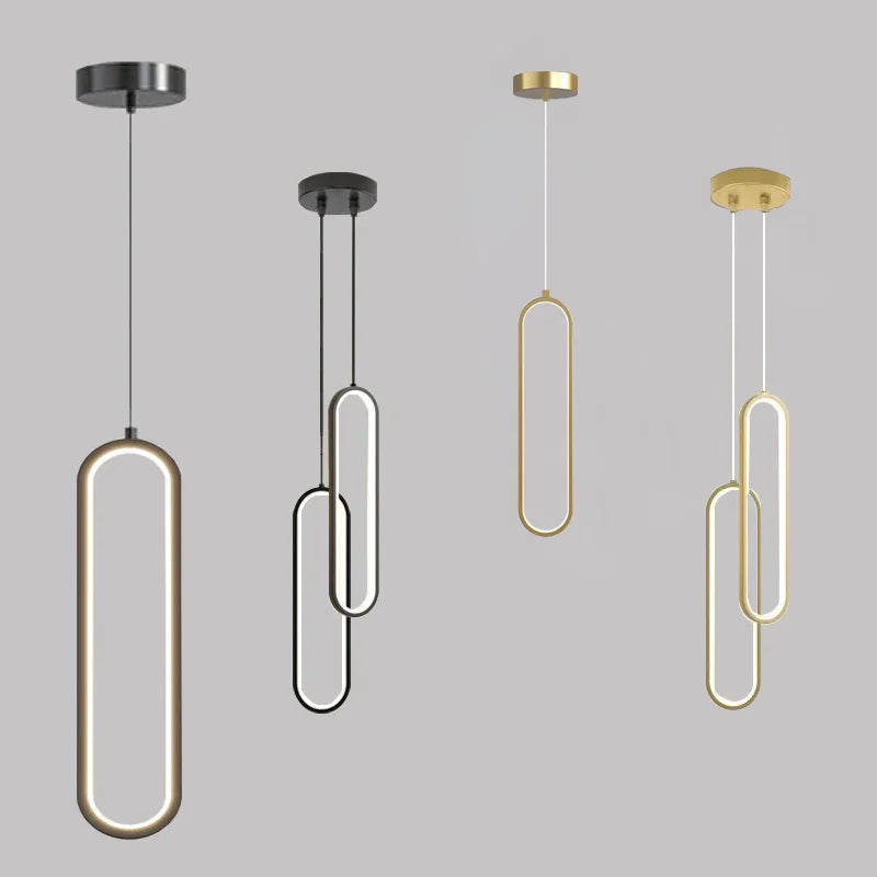 Modern Minimalist LED Pendant Light | Slim Oval Hanging Lamp In A Gold or Black Iron Finish