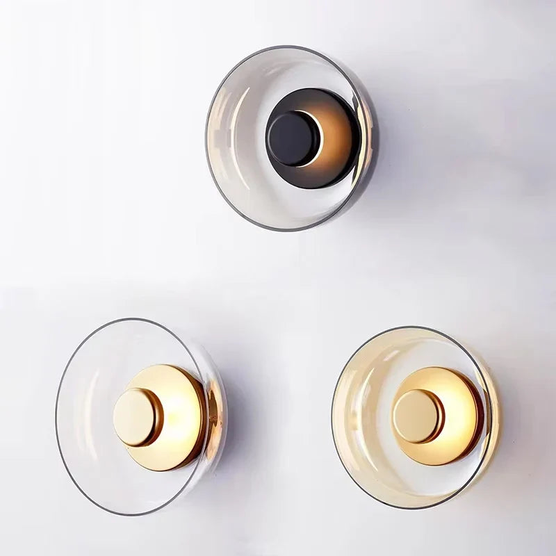 Nordic Glass LED Wall Sconce | Modern Round Decorative Wall Light In Smoke Grey or Amber Glass