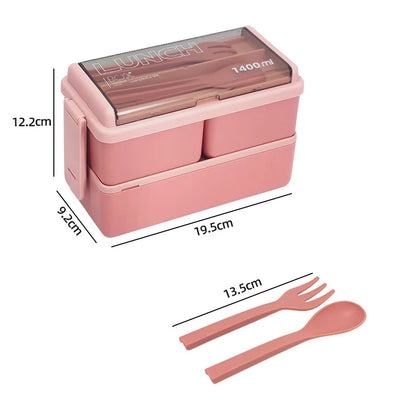 1400ml Double Layer Bento Box | Two Tier Lunch Box With A Fork and Spoon, Microwave Safe Design