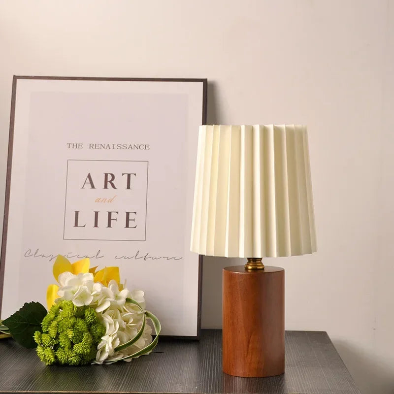 Medieval Pleated Table Lamp | Nordic Wood Base Design In A Natural Wood or Walnut Timber Finish