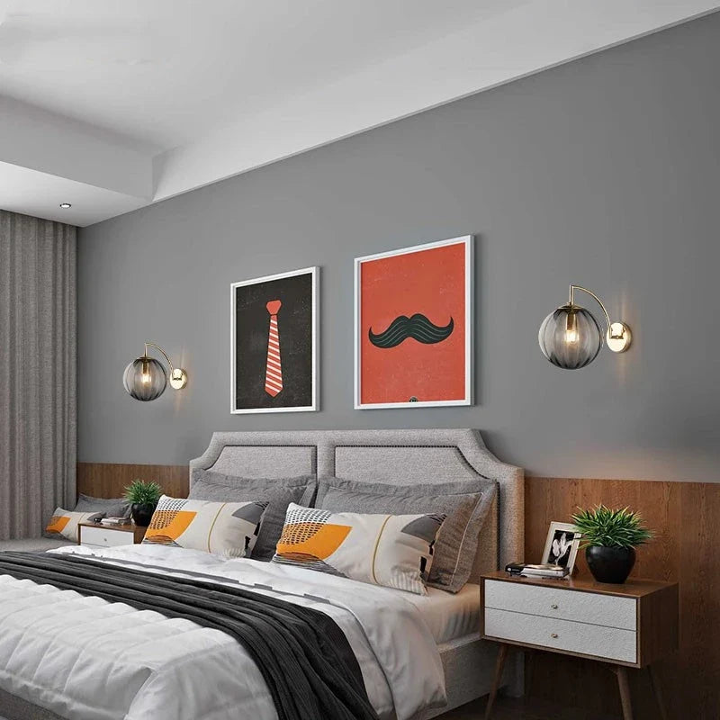 Modern Glass Ball Wall Lamp | Brass Arm and Tinted Glass Design In Four Bold Shade Colourways