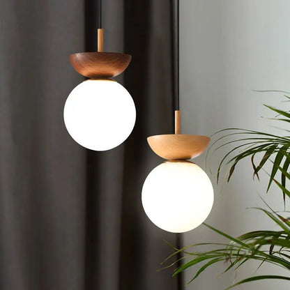Nordic Glass Ball Light | Opal Shade With Wood Finish In Pendant or Flush Ceiling Versions