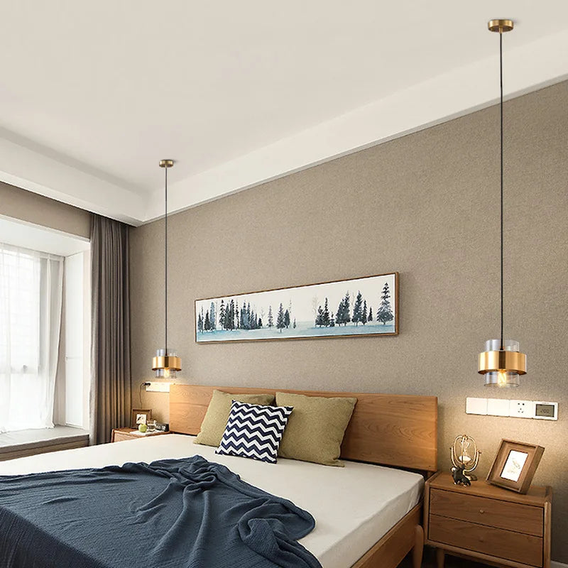 Nordic Glass Pendant Light | Modern Brass Cylinder Design In Amber or Smoke Grey Tinted Glass