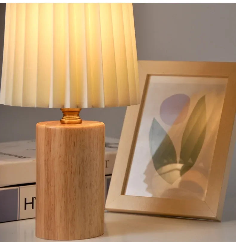 Medieval Pleated Table Lamp | Nordic Wood Base Design In A Natural Wood or Walnut Timber Finish