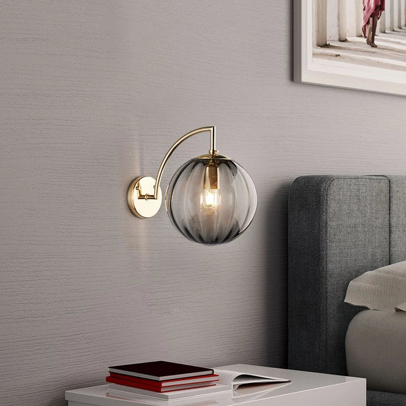 Modern Glass Ball Wall Lamp | Brass Arm and Tinted Glass Design In Four Bold Shade Colourways