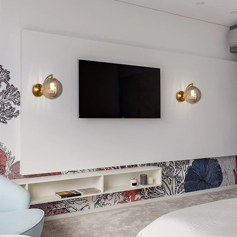 Modern Glass Ball Wall Lamp | Brass Arm and Tinted Glass Design In Four Bold Shade Colourways