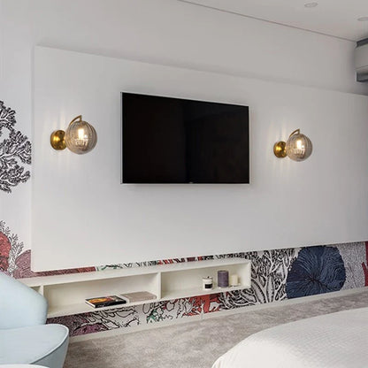 Modern Glass Ball Wall Lamp | Brass Arm and Tinted Glass Design In Four Bold Shade Colourways
