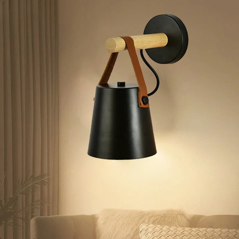 Nordic Wood and Leather Wall Lamp | Hanging Shade Bedside Light In A Black or White Finish