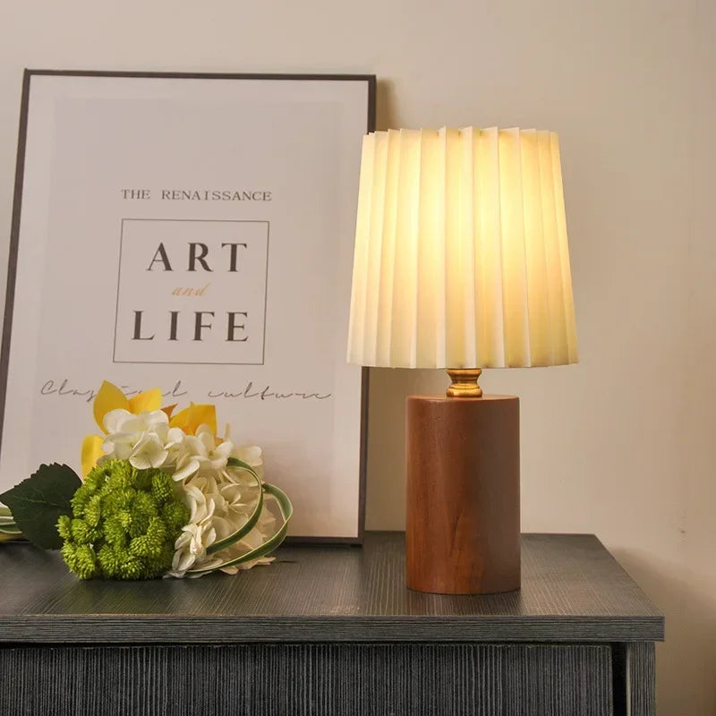 Medieval Pleated Table Lamp | Nordic Wood Base Design In A Natural Wood or Walnut Timber Finish