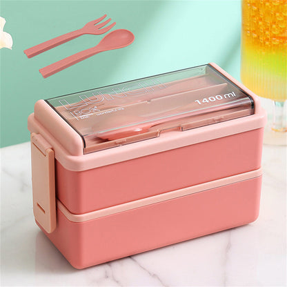 1400ml Double Layer Bento Box | Two Tier Lunch Box With A Fork and Spoon, Microwave Safe Design